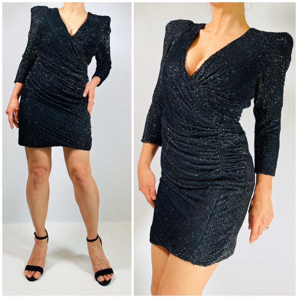 BASIX sequins embellished silk mini dress with exasperated shoulder.